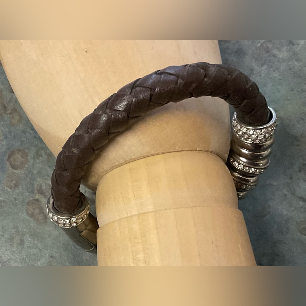 Braided Brown Leather Bracelet with Rhinestone Accents